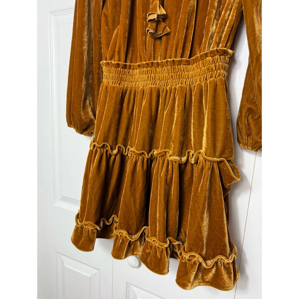 Storia Golden Yellow Velvet Ruffle Boho Tassel Long Sleeve Mini Dress M - Image 4