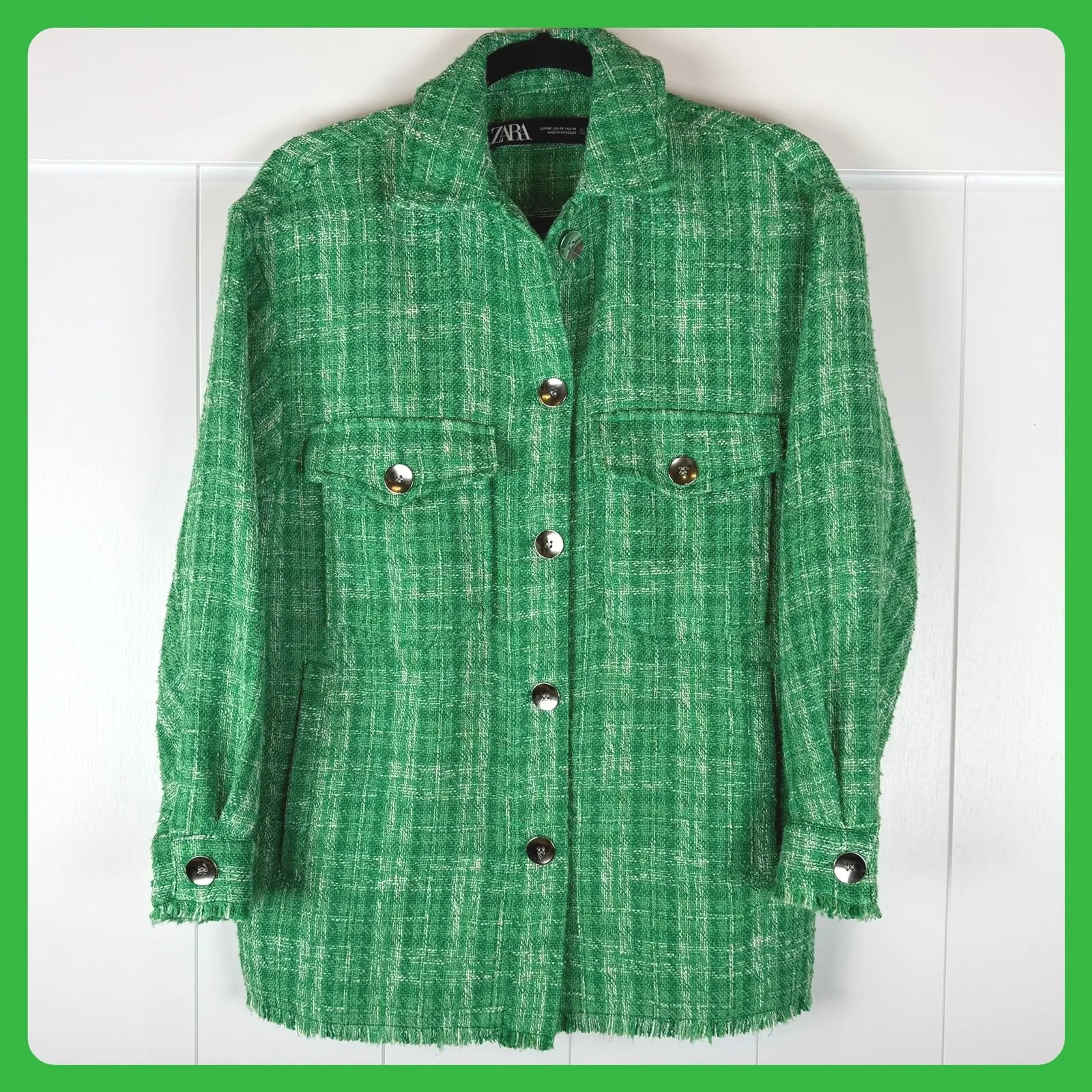Zara Green Tweed Shacket XS Shirt Jacket Plaid Fringed Hem Y2K Vintage Old Money - Image 4
