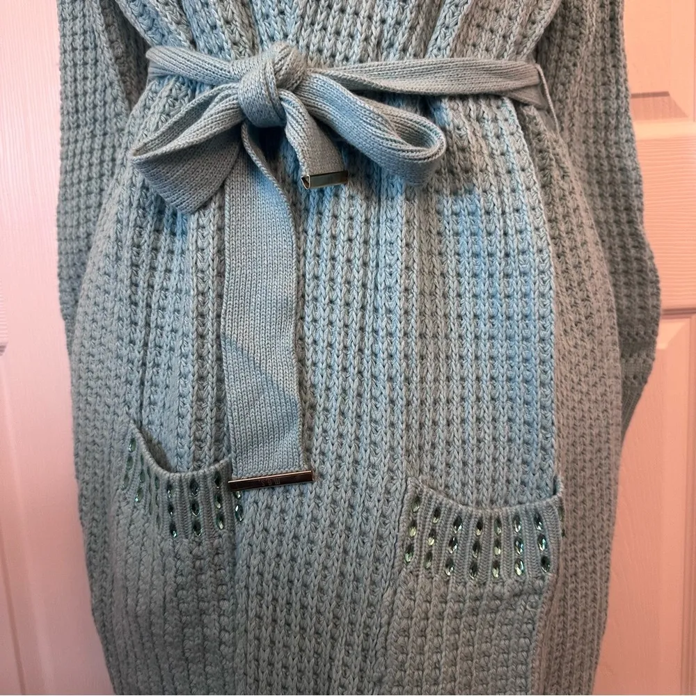 Cozy Blue Knit Cardigan with Belt Italian Made Maria Grazia Severi Size 42 - Image 3
