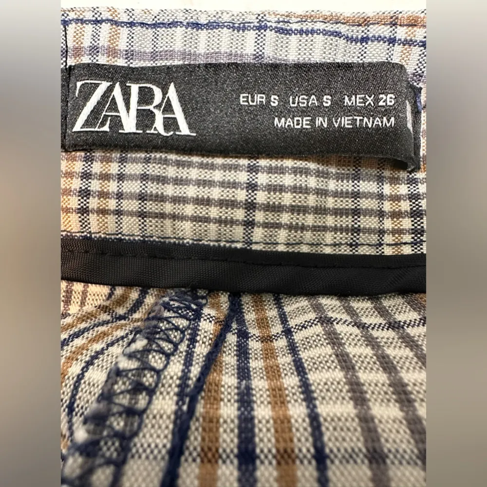 Zara Women's Plaid Brown & Blue Dress Slacks Pants W/ Pockets - Image 4