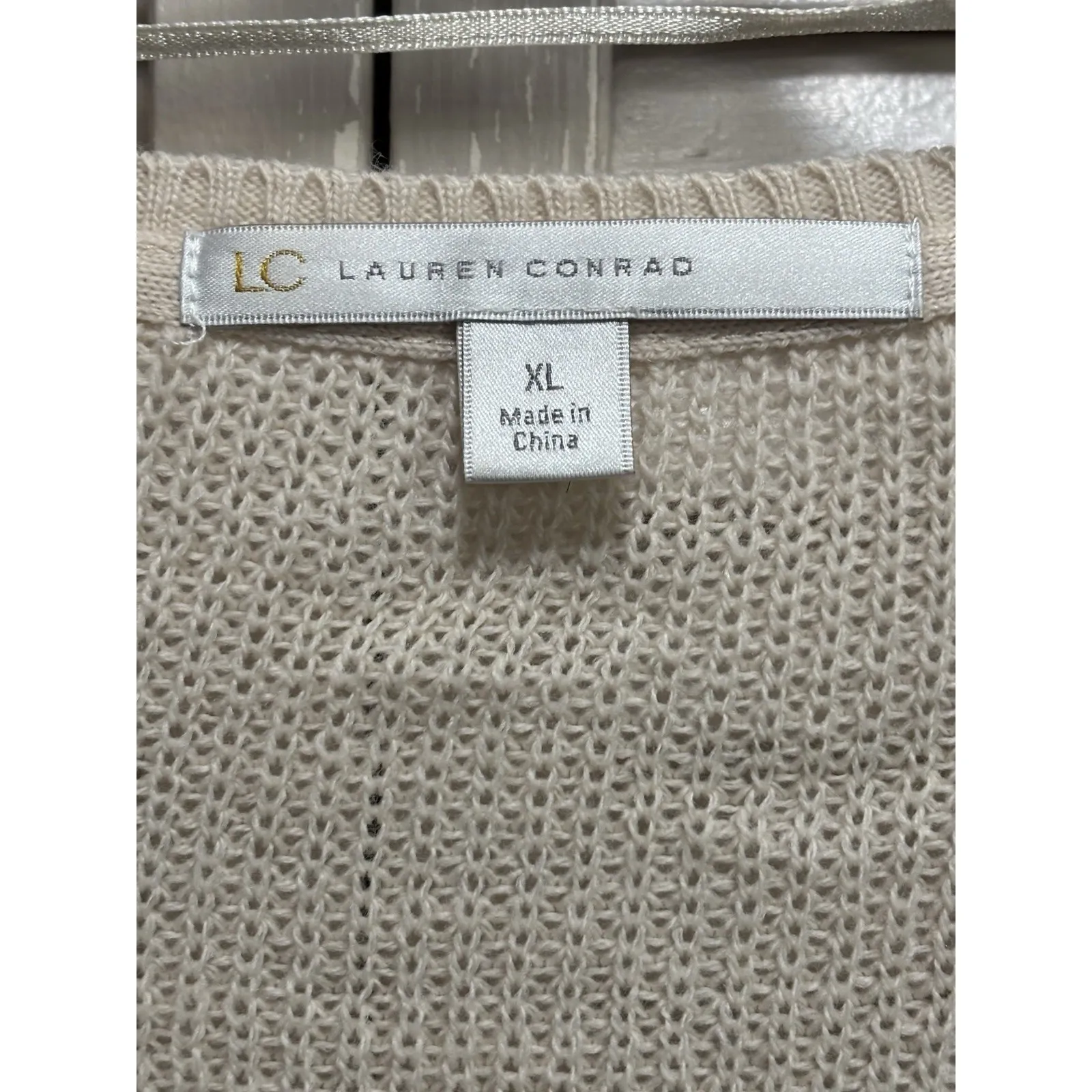 LC Lauren Conrad Cream/White Sweater Short Sleeve Scoop‎ Size XL Soft Knit Lace - Image 2