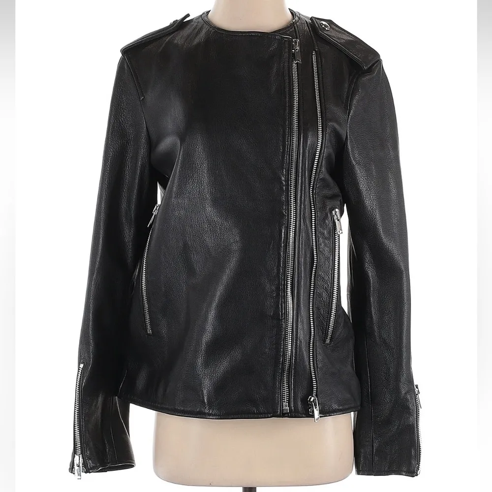 Zara Black Genuine Leather Biker Jacket with Asymmetrical Zipper Size XS / S - Image 4