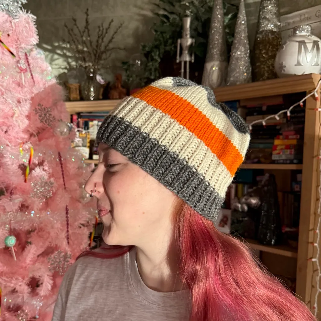 Hand knit Beanie Hat Gray white Orange Wide Stripe Unisex Adult - Image 2