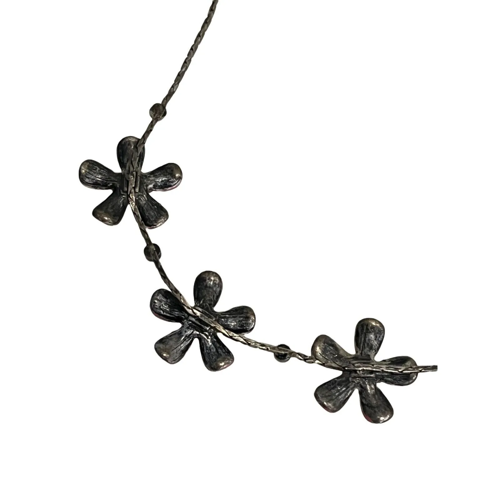 VTG Enameled Metal Rhinestone STATEMENT NECKLACE Pink Daisy Flowers 18” Adjusts - Image 4