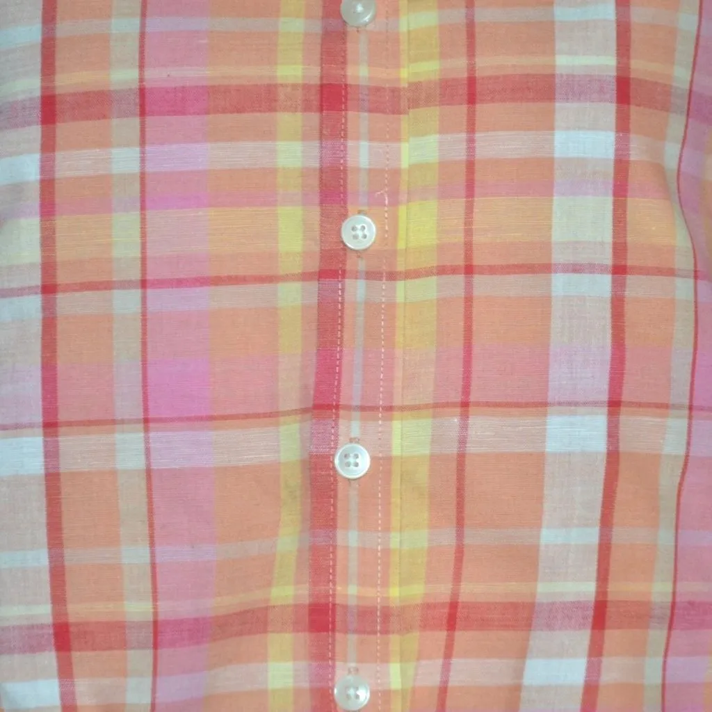 Talbots Ladies L Petite Peach Plaid Button Up Shirt Irish Linen Blend 3/4 Sleeve - Image 3