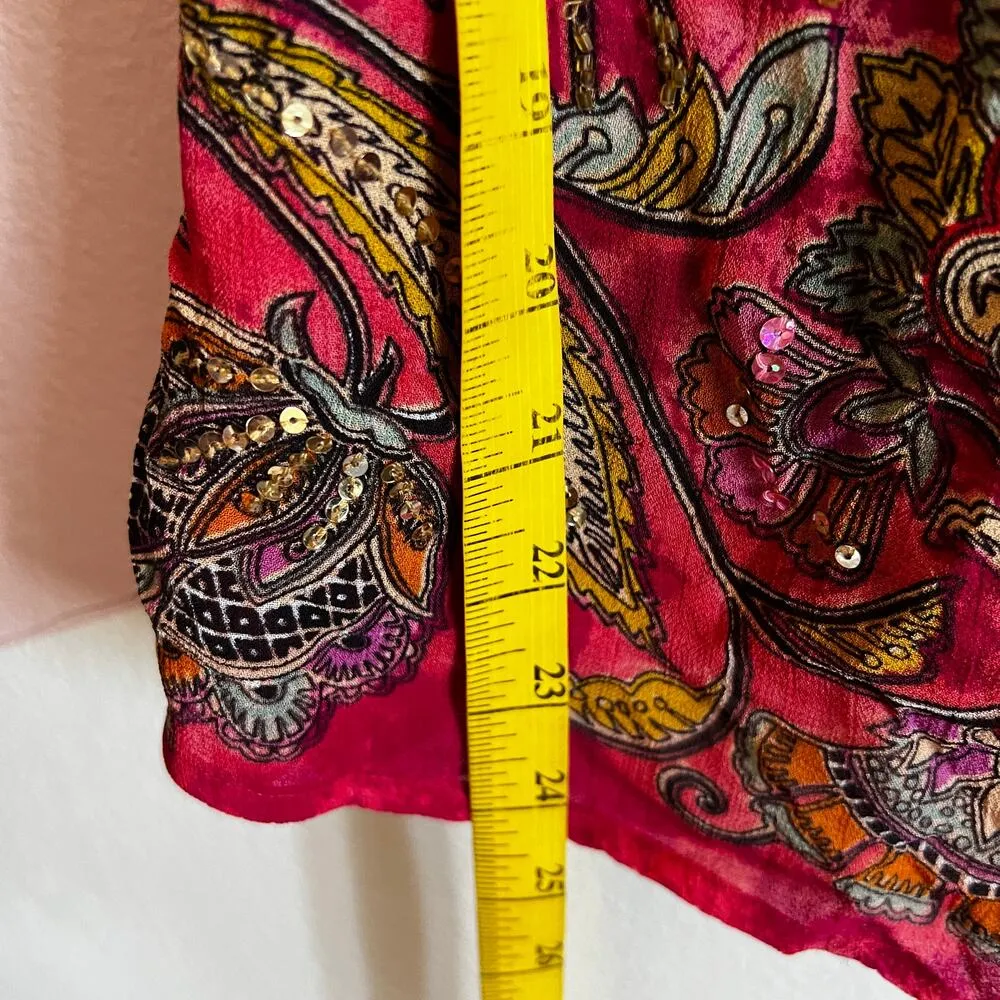 Paisley Peasant Sequin Top, Boho Chic Y2K Festival Hippie Eclectic Vintage Small Pink - Image 5