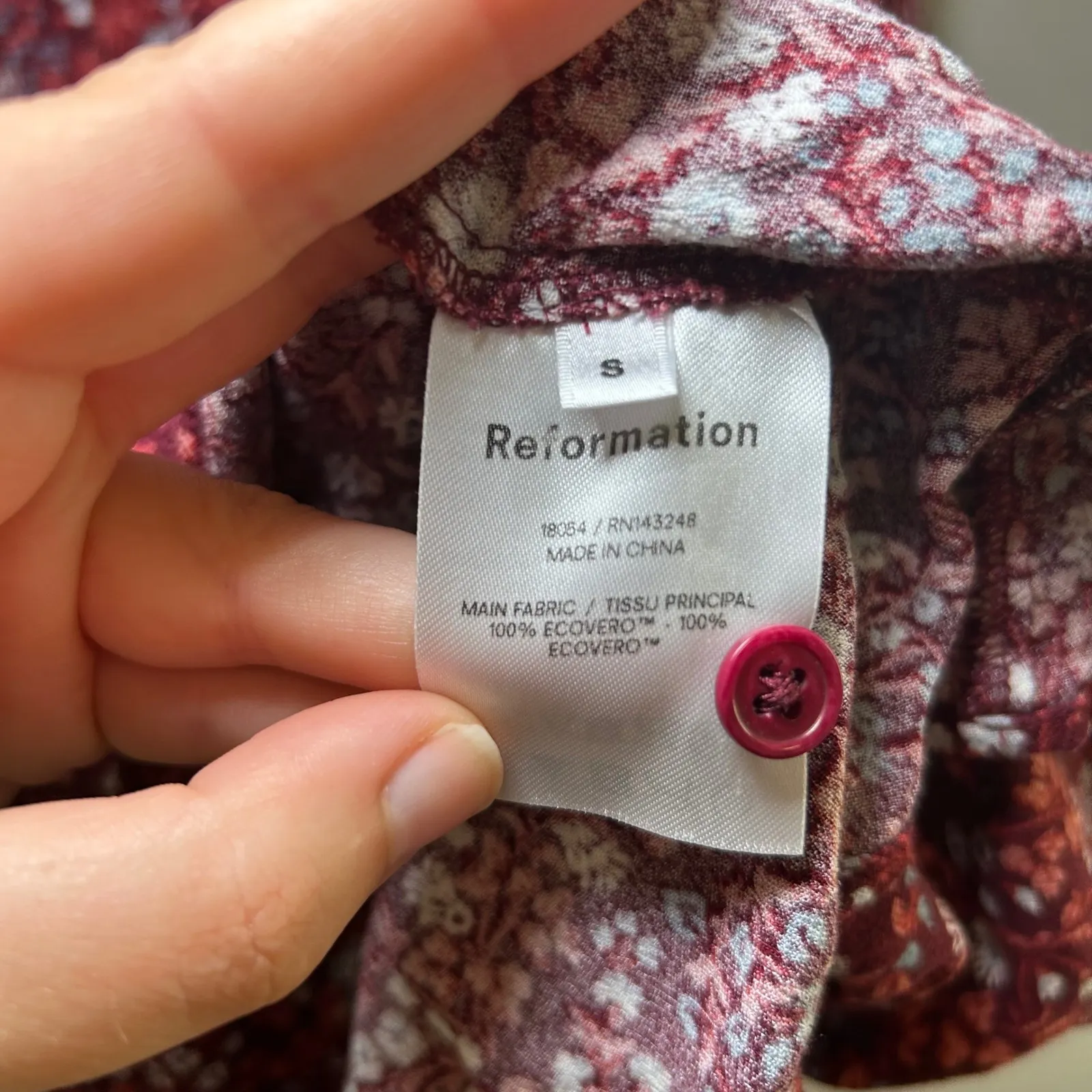 Reformation Jeans Dress Small Floral Print Long Sleeve Tie Neck Mini Maroon boho Red - Image 7