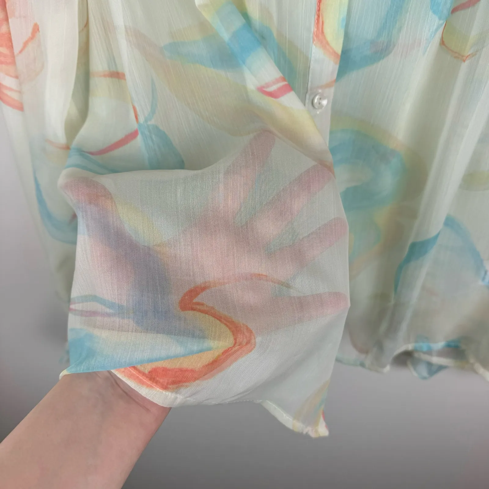Karlie‎ Womens Multicolor Watercolor Sheer Long Sleeve Blouse with Ruffle Sz O/S - Image 6