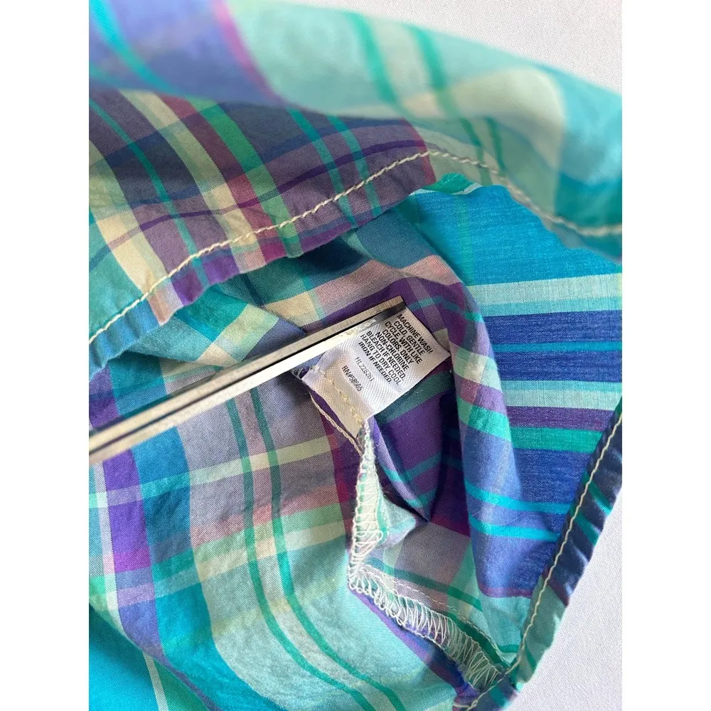 Hinge Plaid Button Down Mini Dress Top Flannel Blue Purple Green Size Medium - Image 13