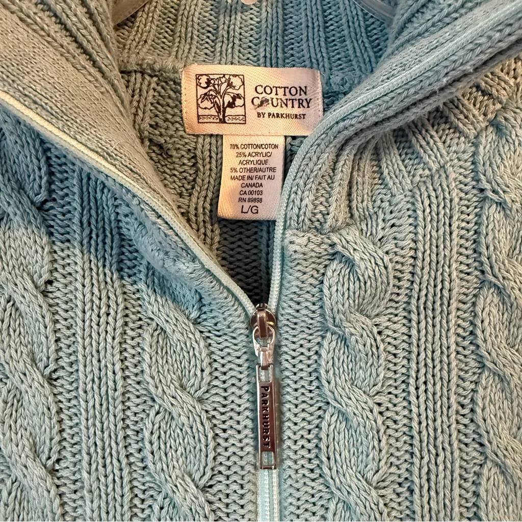 Parkhurst Cotton Country Cable Knit Zip Up Cardigan Women's Green Size L - Image 3