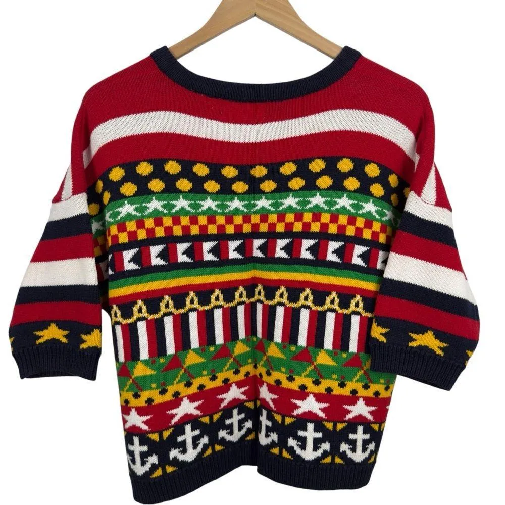 Carroll Reed Women's M Nautical Knit Cardigan Button Up Cotton Colorful 90's Black Size M - Image 12