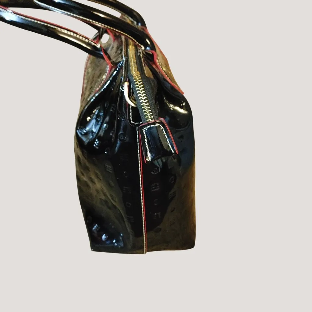 Arcadia Italy Handbag Satchel Black Patent Leather Embossed Design Gold Hardware - Image 9