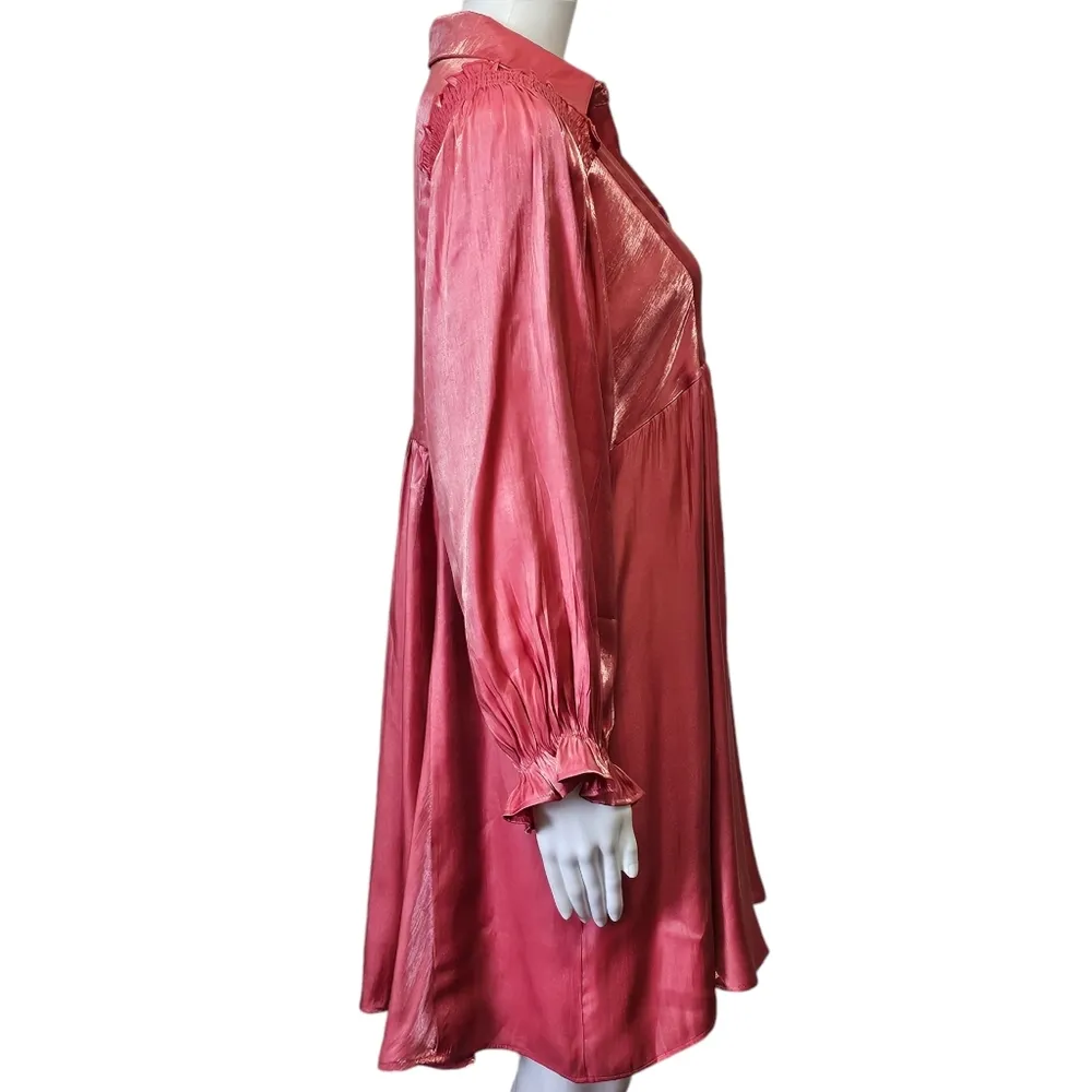 Umgee From The Magazine Pink Shimmering Satin Tunic Mini Dress Size Small - Image 4
