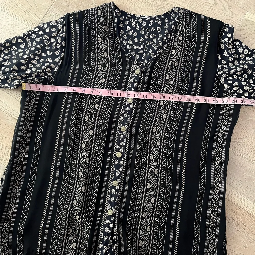 Vintage Boho Mixed Print Button Down Top Blouse Ethnic Border, Indie Folk Shirt Black Size 1X - Image 5