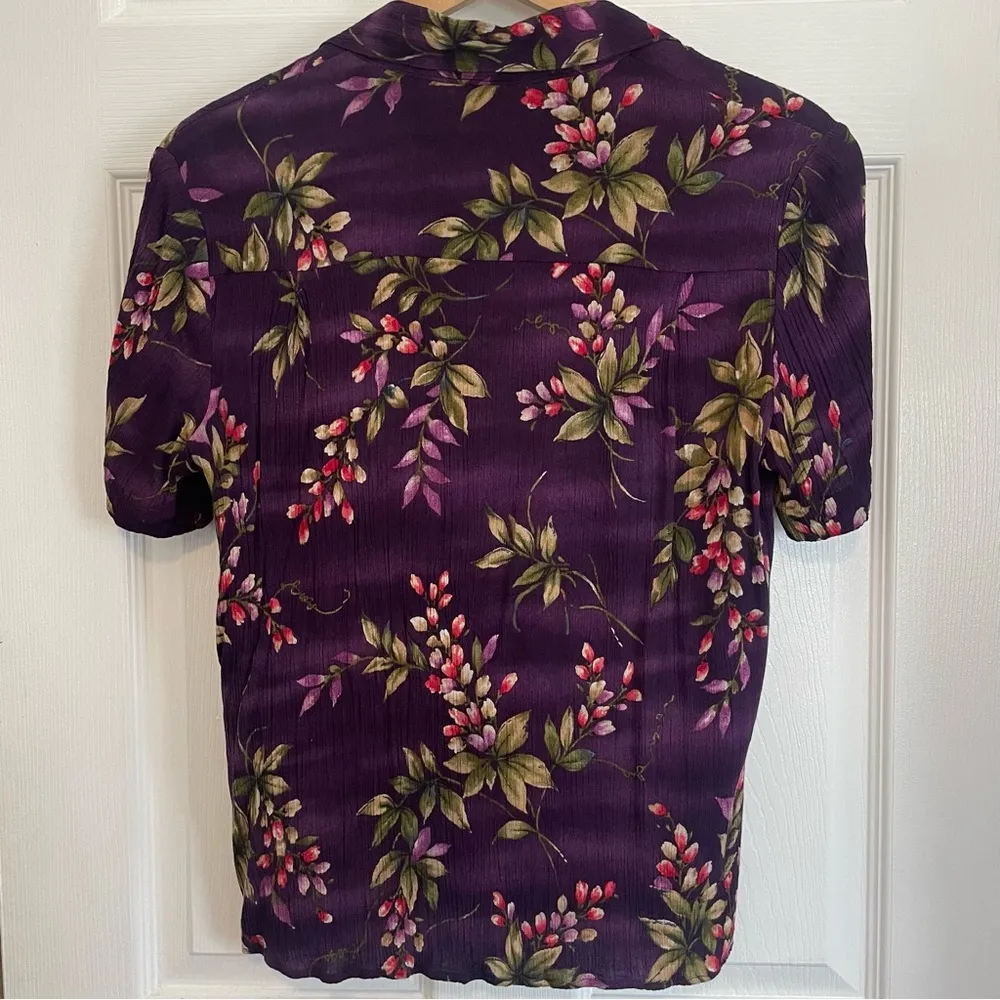 Purple Vintage Floral Short Sleeve Button Up Shirt Jaclyn Smith Collar Tropical - Image 2