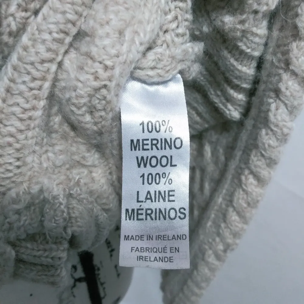 INIS CRAFTS IRELAND Merino Wool Oatmeal Button Down Hooded Cable Knit Sweater S - Image 8