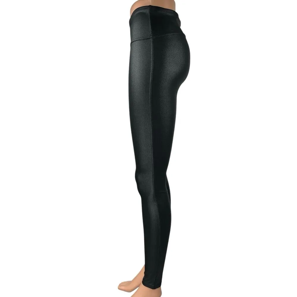 Retro Gong Black Metallic Faux Leather Mid Rise Athletic Tight Leggings Pants M Size M - Image 2