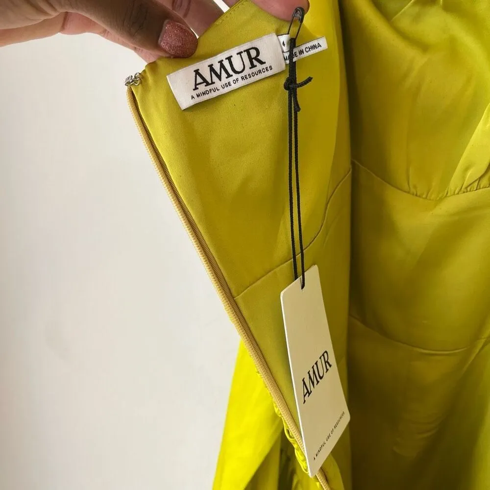 AMUR Dixon Citrine‎ Lime Green Pleated Halter Satin Midi Cocktail Dress Sz 4 NWT - Image 5