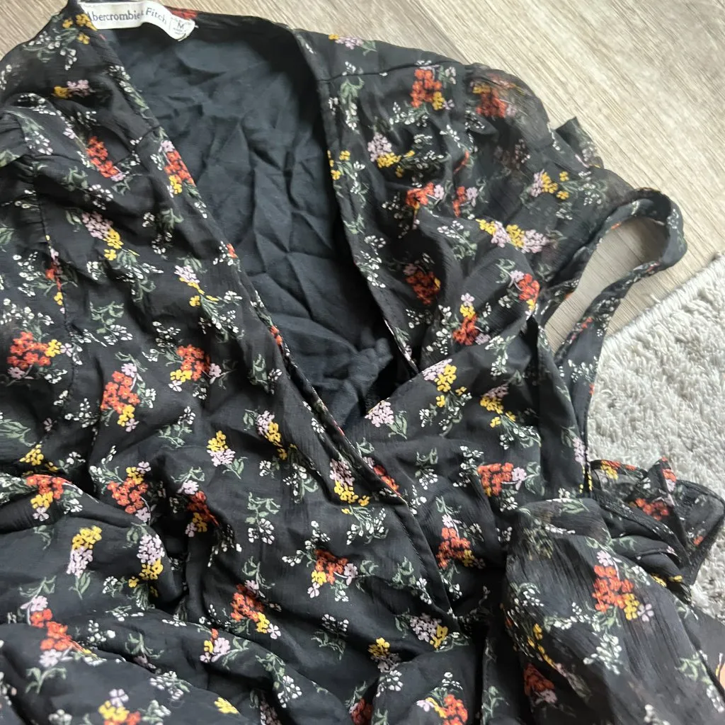Abercrombie & Fitch black midi wrap dress floral orange and yellow floral size M - Image 10