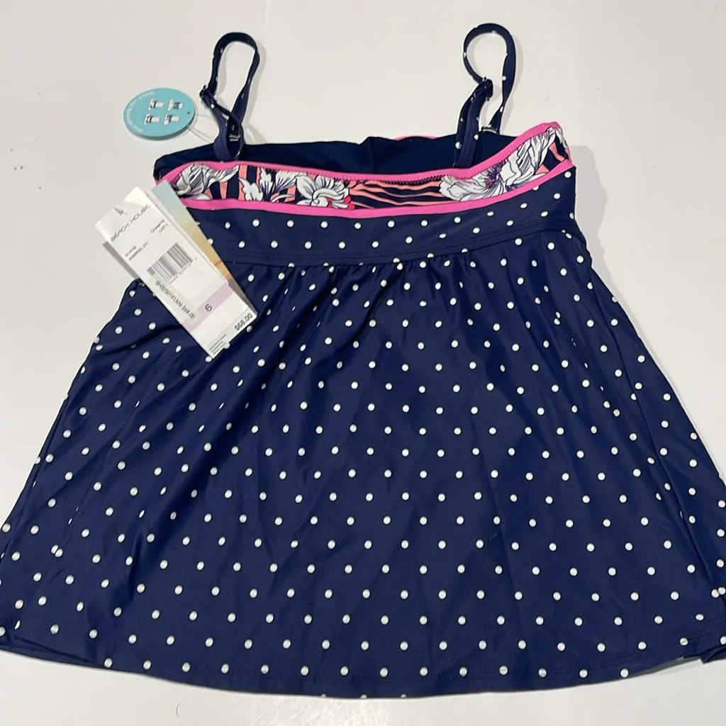🇺🇸Beach House NWT Navy pink Polka Dot swim bathing suit tankini Top size 6 $68 Blue - Image 3