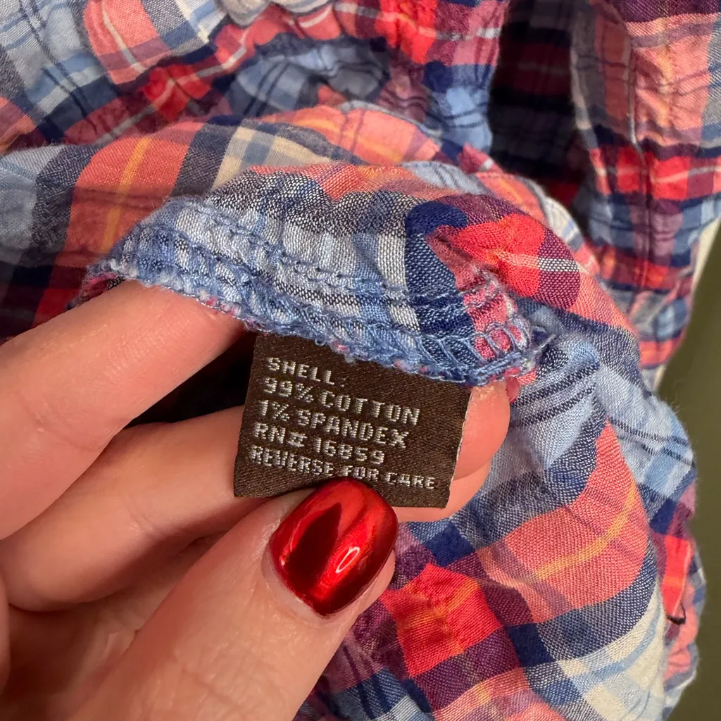 J. McLaughlin Plaid Button Front Shirt Red Blue Cotton Size Large - Image 4