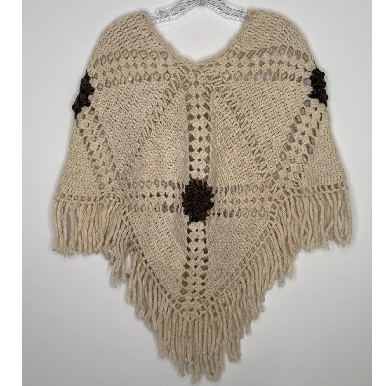 Vintage 1970s Handmade Crochet Poncho with Mushroom Tassel Ties & Fringe S - Image 5
