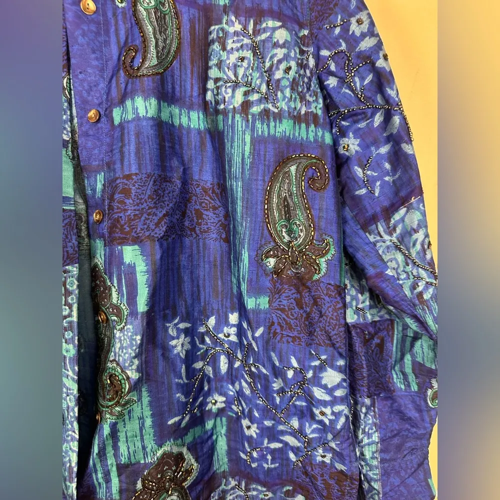 Vntg Chico's Design Silk Raw Blue Paisley Beaded Button Up Jacket Blouse Sz 1 - Image 3