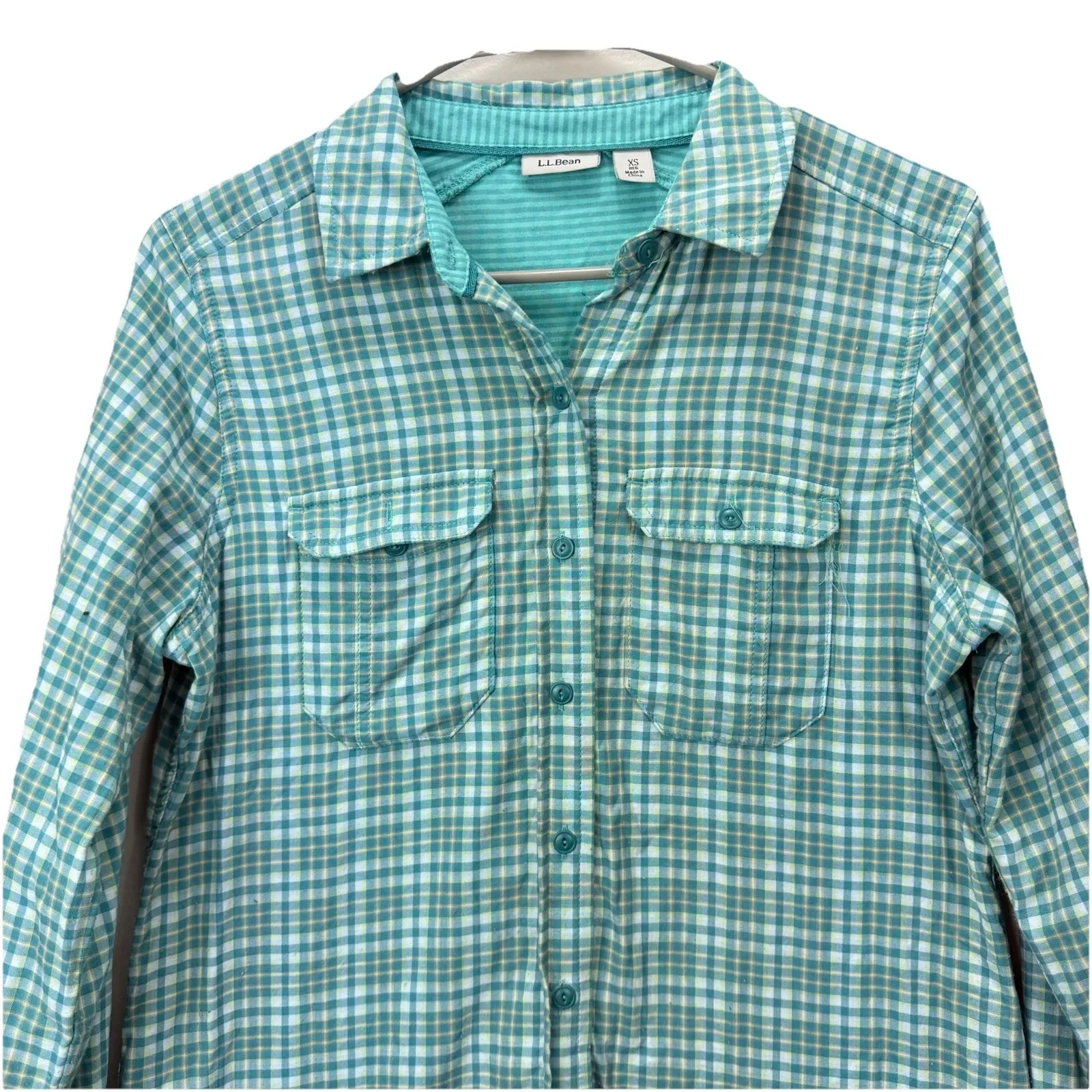 LL Bean Green Plaid Double Cloth Performance UPF Nylon Button Down Shirt Size XS - Image 4