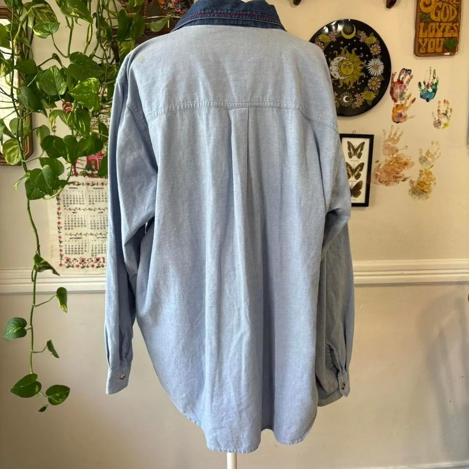 Vintage 90s Cabin Creek Women's 20W Embroidered Floral Denim Floral Button Up - Image 4