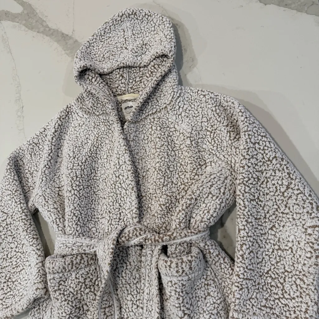 Aerie Sherpa Hooded Cozy Belted Robe Womens Medium White/Brown Pocket Fleece Spa - Image 3