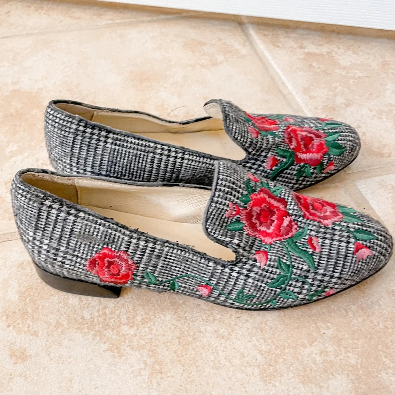 NEW Butter Shoes Plaid and Floral Flat Loafers Red Black, NWOT Size 5, MSRP $295 Black - Image 4