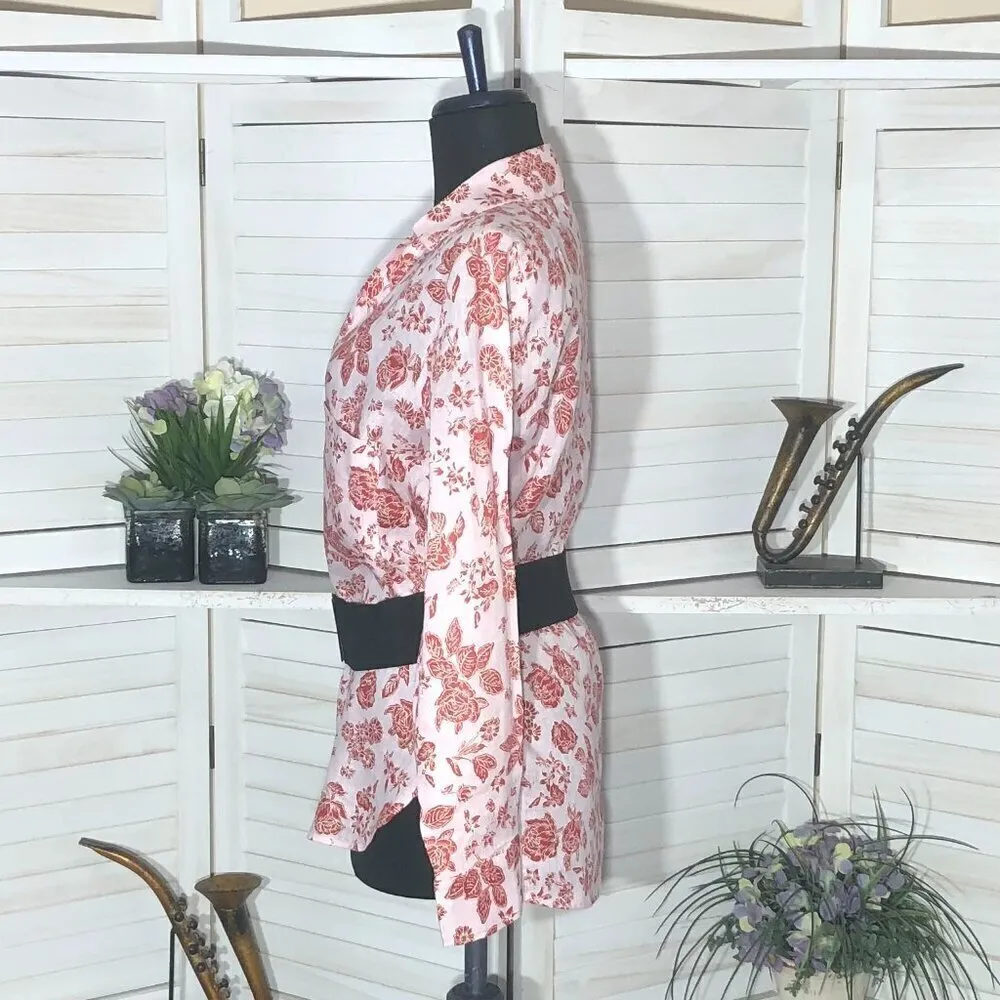 Zara Red Roses Floral Linen Shirt Light Pink XS - Image 4