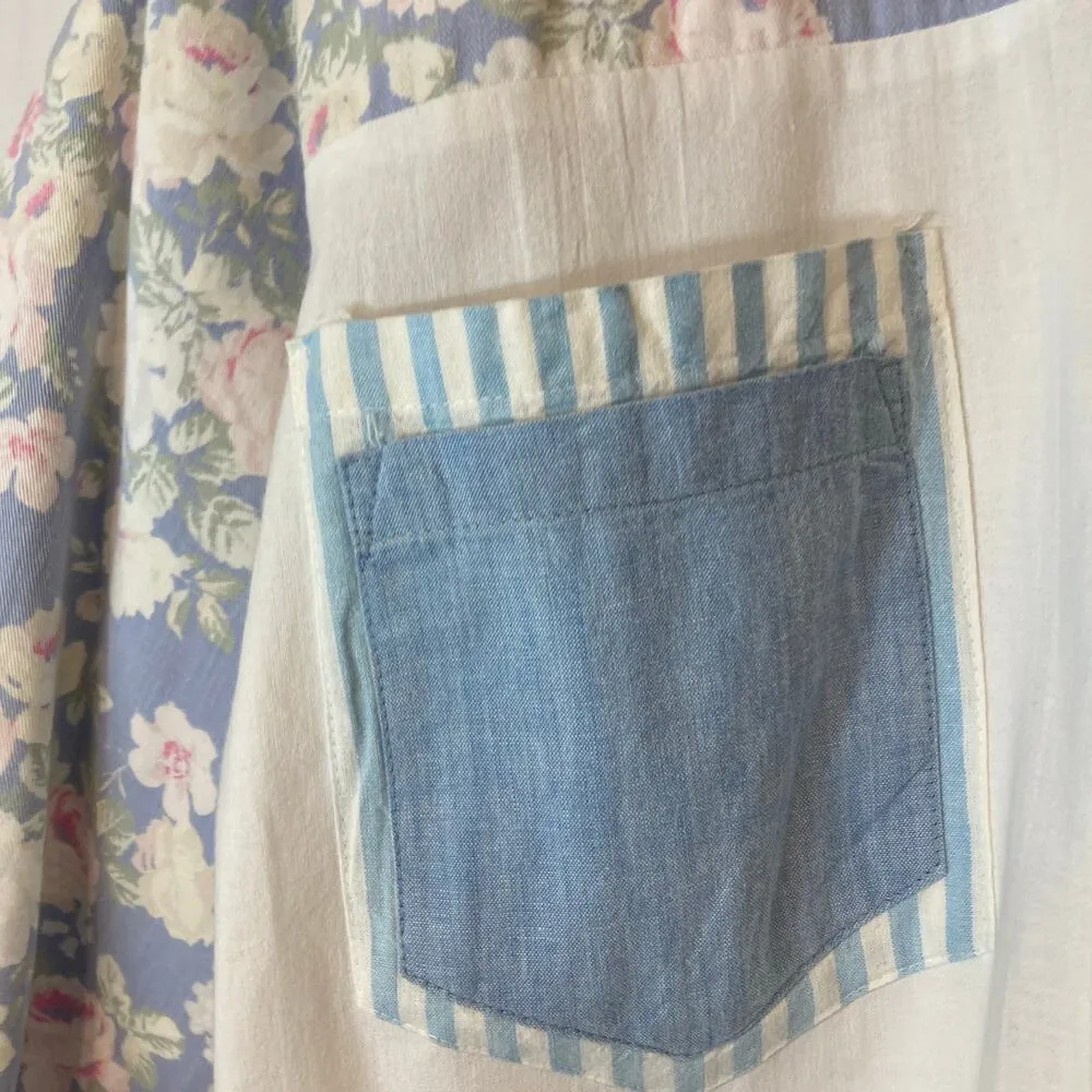 Vintage 90’s Fritzi California Retro White Blue Flowers Stripes Button Shirt Top Size M - Image 6