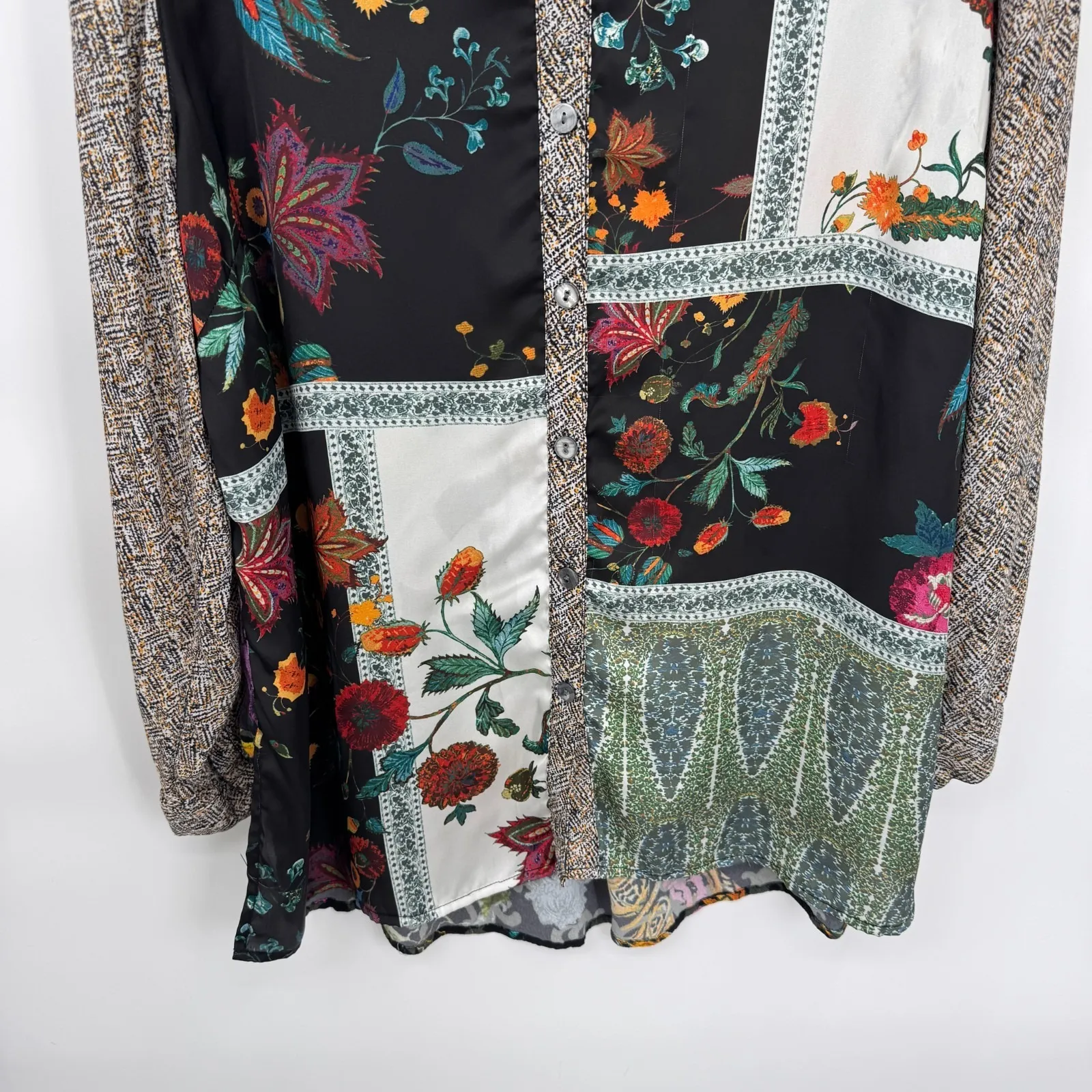 John‎ Mark Boho Button Front Shirt Womens XL Patchwork Embroidered Velvet Trim - Image 3