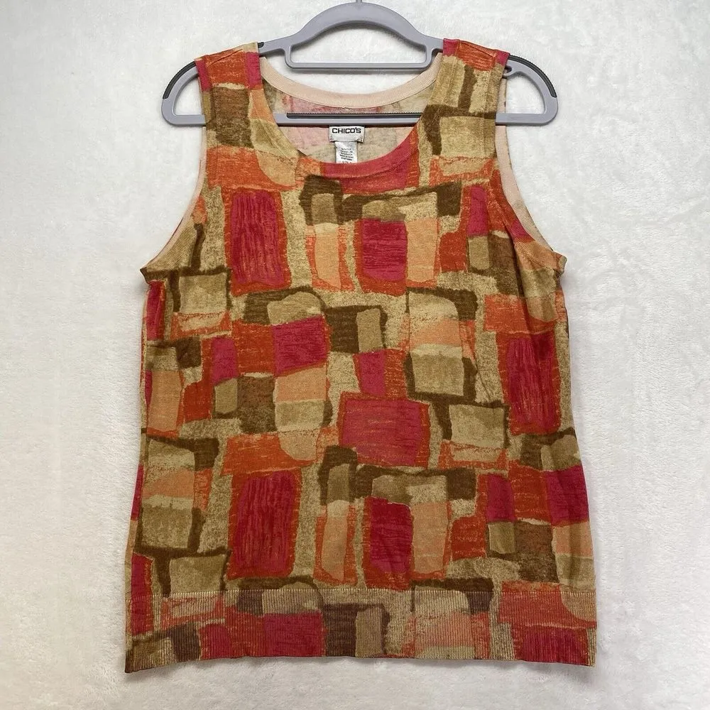 Chicos 2-Piece tank/cardigan L/XL Silk Blend orange/pink abstract‎ wood bead - Image 6