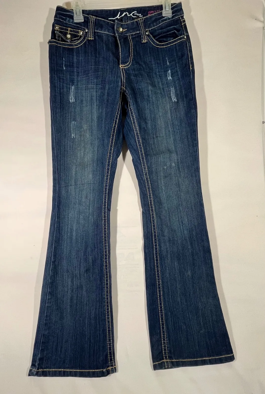 INC Denim Women Bootcut Jeans Embellished Pockets Distressed Medium Wash Sz 4 Blue - Image 1