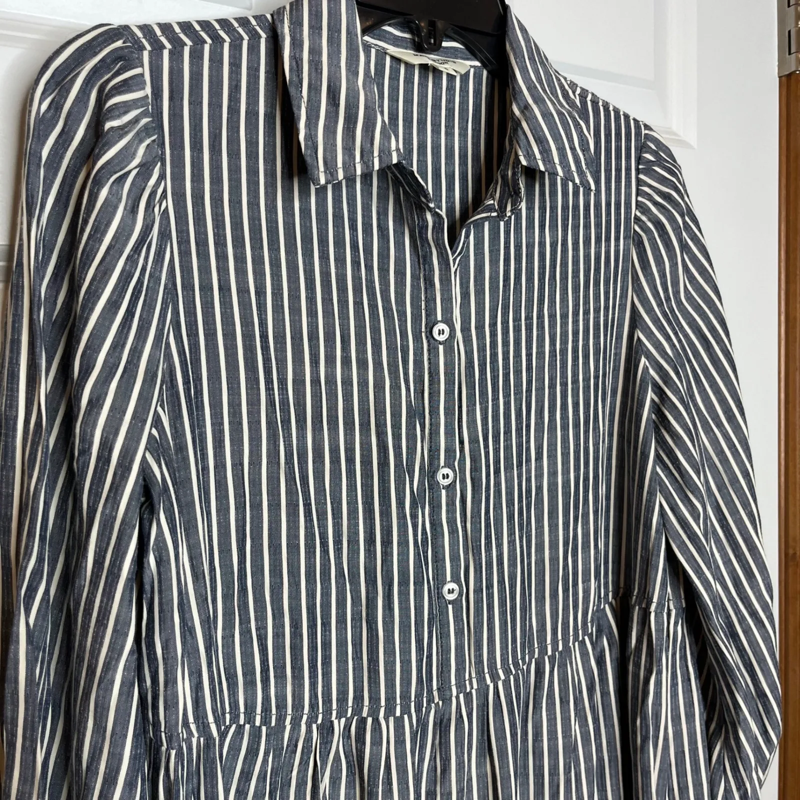 MAX STUDIO LONDON Small Blue Striped Tiered Maxi Shirt Dress Long Sleeve Collar White - Image 4