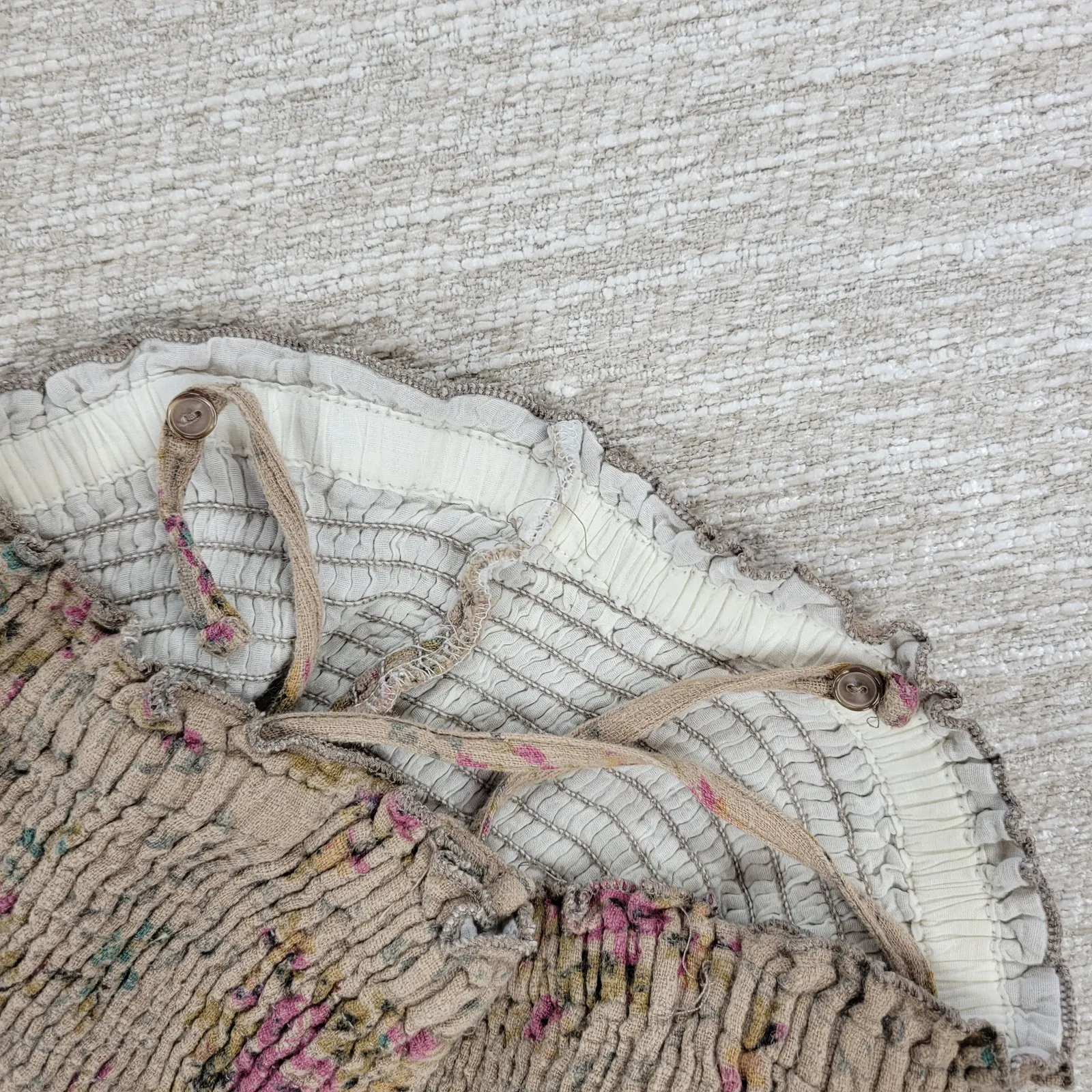 VTG Rachel & Chloe Smocked Dress Womens S Tan Floral Convertible Straps Cottage Brown - Image 9