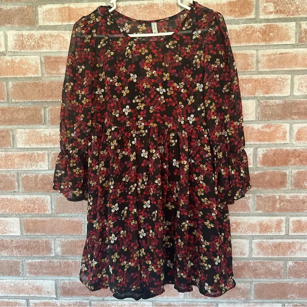 Free People Floral Babydoll Mini Dress Long Sleeve Women’s XS Black Red Boho - Image 3