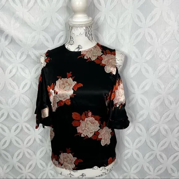 Ganni Cold Shoulder Floral Satin Ruffle‎ Sleeve Blouse Size XS - Image 8