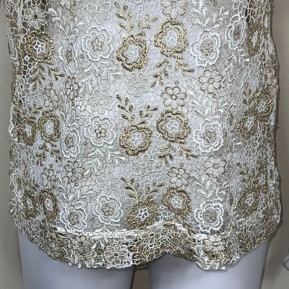 Manoush Vintage White & Gold Floral Lace Short Sleeve Jacket Size 8 - Image 10