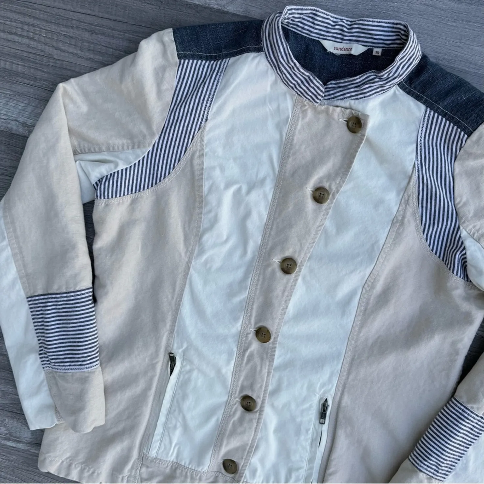 Sundance Button Front Patchwork Jacket Fall Utility Zip Pocket Cream Size 10 - Image 3
