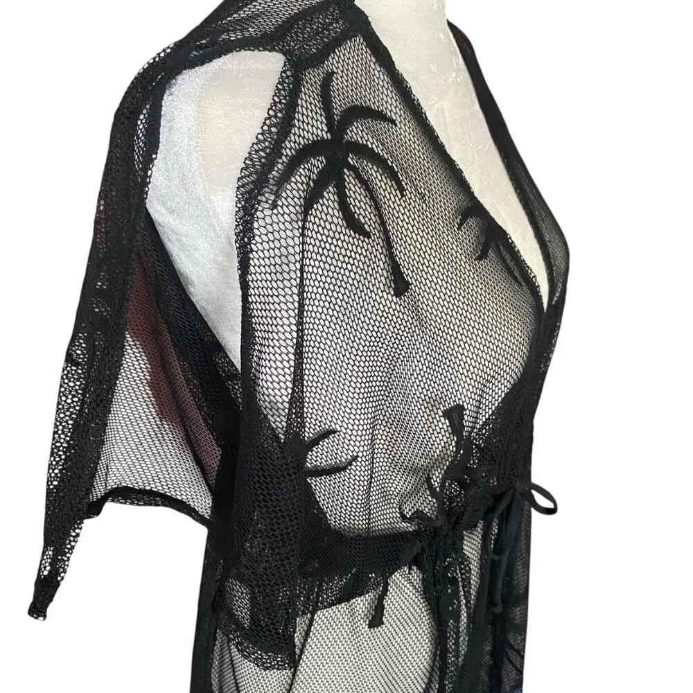 Miken Swim womens S mesh black short sleeve tasseled palm tree swimsuit cover - Image 7