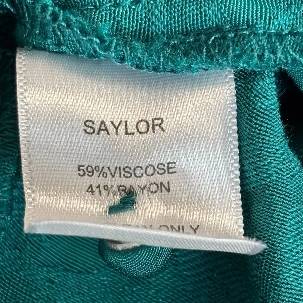 Saylor Cindylou Cocktail Dress Teal Satin Jacquard Floral Draped Hem Mini Dress - Image 8