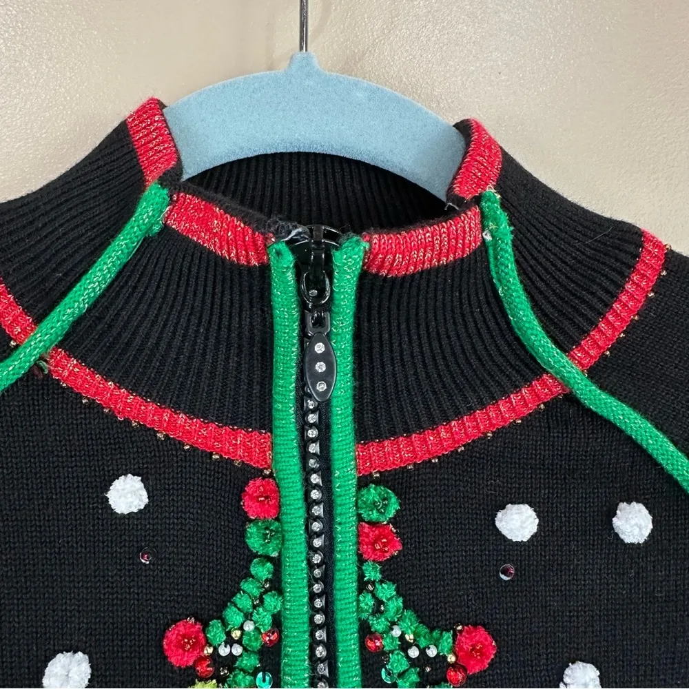 Just B Black Christmas Tree Beaded Rhinestone Zip Front Cardigan Sweater Small - Image 3