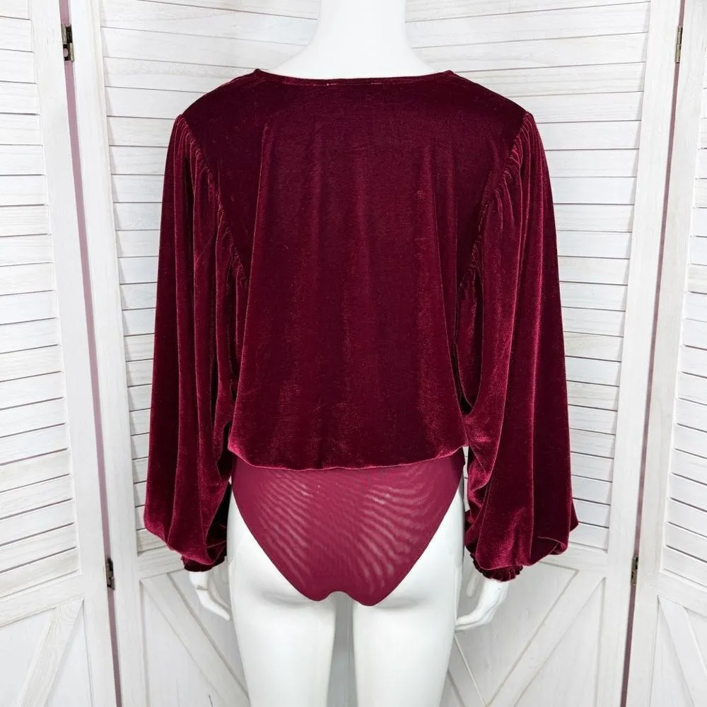 Flying Tomato Velvet V Neck Bishop Sleeve Bodysuit Cherry MaroonRuby Red Small - Image 5
