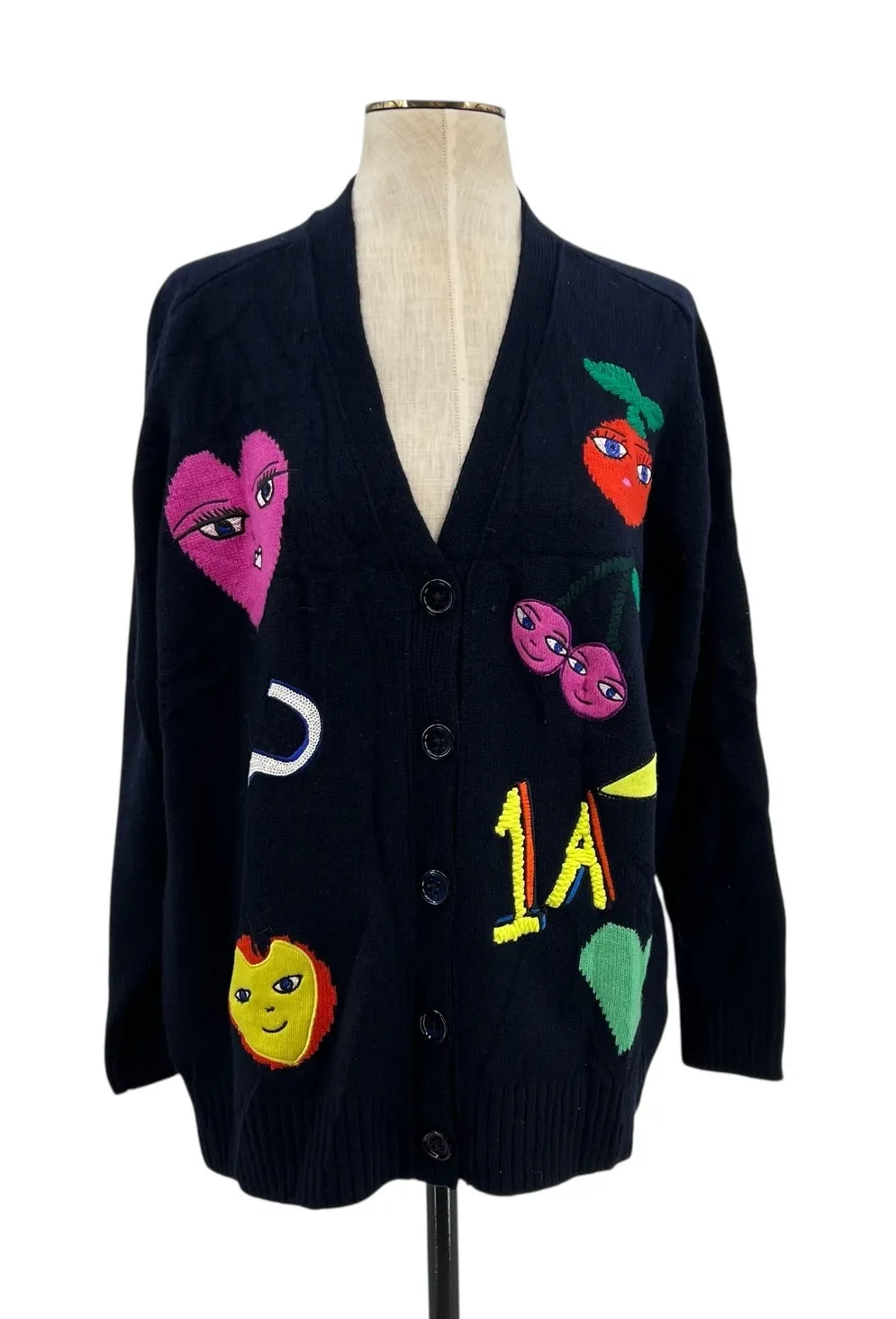 Maison Common Cardigan Sweater Fruit Print Navy Blue Merino Cashmere Size Medium - Image 1