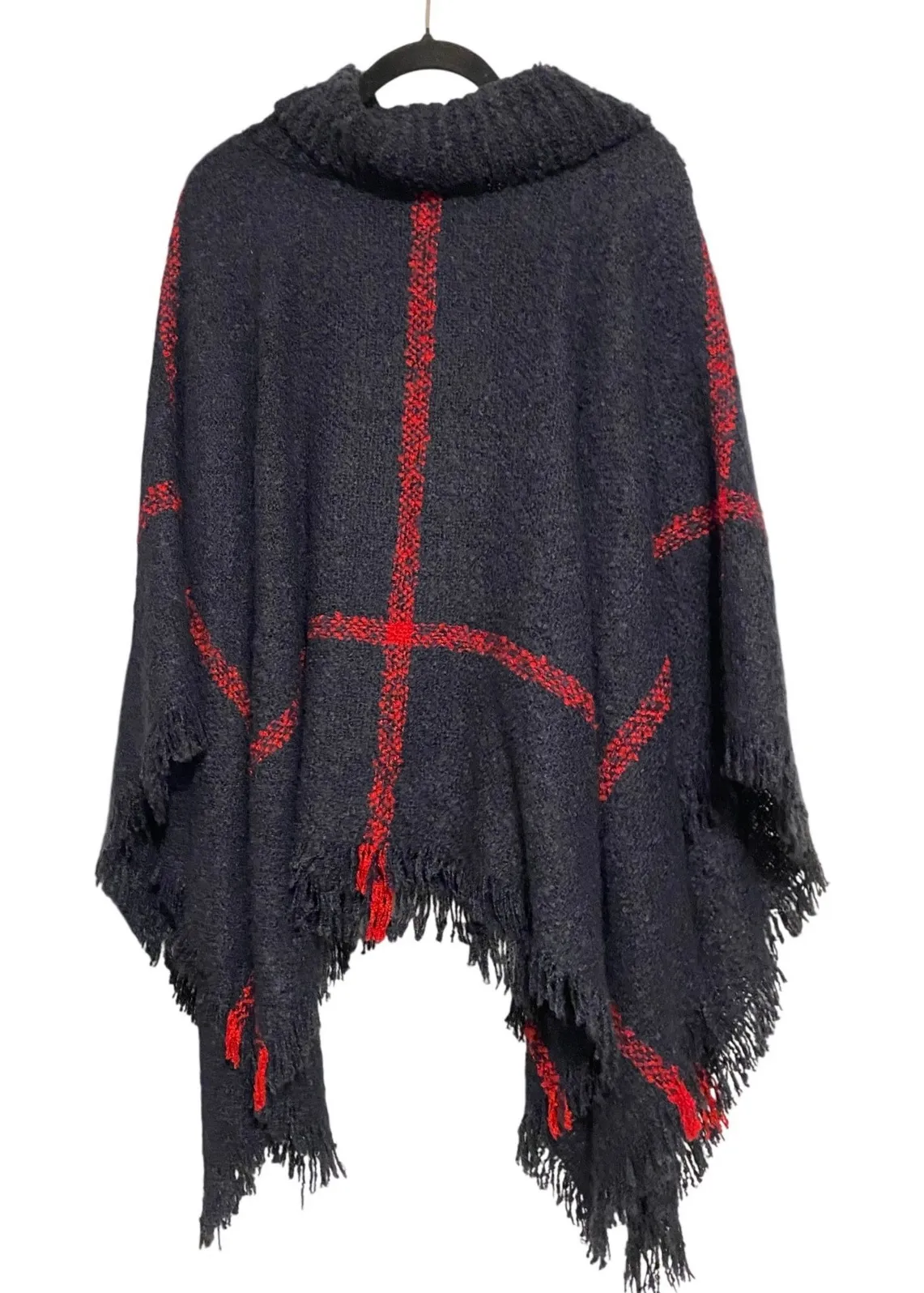 Plaid Turtleneck Knit Fringe Navy Poncho Sweater OS Boho Scandigirl Drape Winter - Image 1