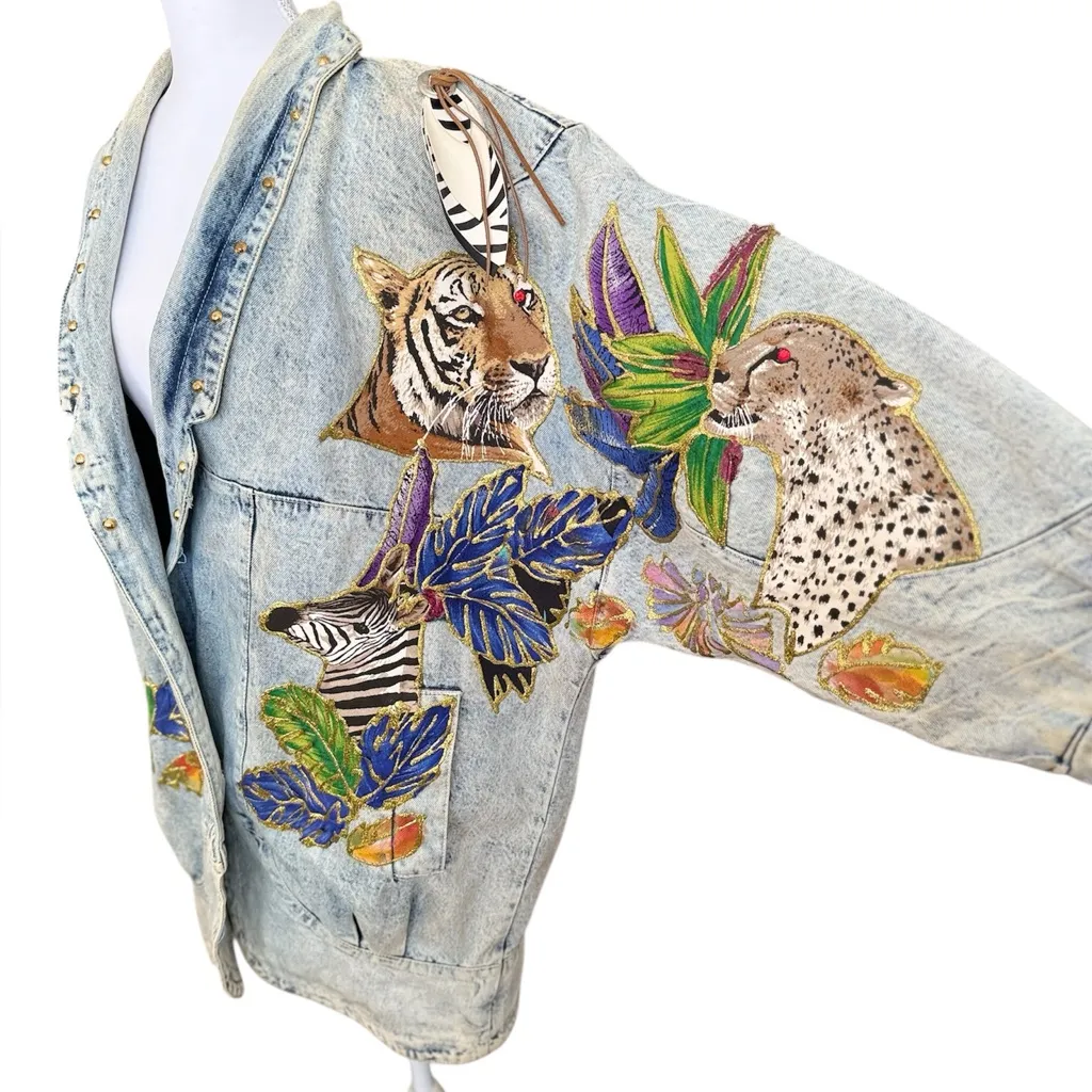 Wild Cherry Vtg Denim Jacket Coat Statement Piece Animals Embellished M Medium Blue Size L - Image 2