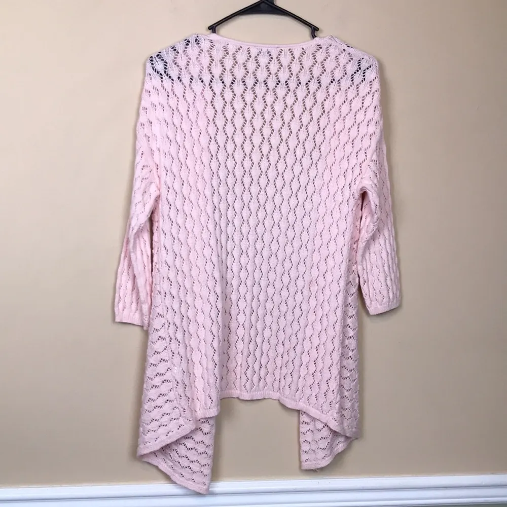 J. Jill Women’s Linen Blend Knit Crochet Open Drape Front Pink Cardigan Sweater - Image 5